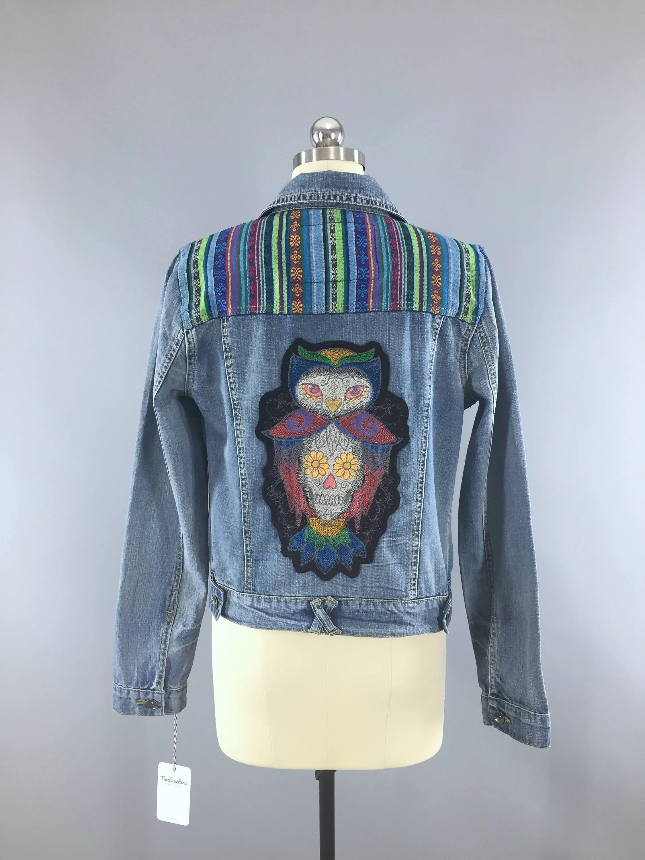 Sugar Skull Owl Embroidered Denim Jacket / Día de Muertos Patch / Mexican Day of the Dead Embroidery