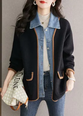 Unique Black Peter Pan Collar Denim Patchwork Woolen Fake Two Piece Coat Fall