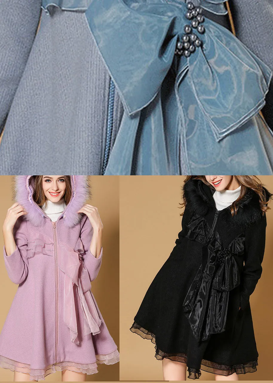 Unique Pink Pockets slim fit Fur collar Fall Woolen Coat