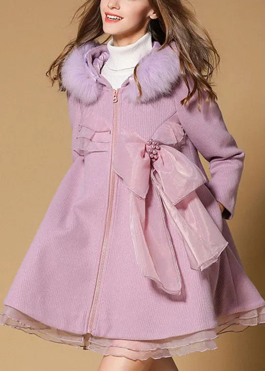 Unique Pink Pockets slim fit Fur collar Fall Woolen Coat