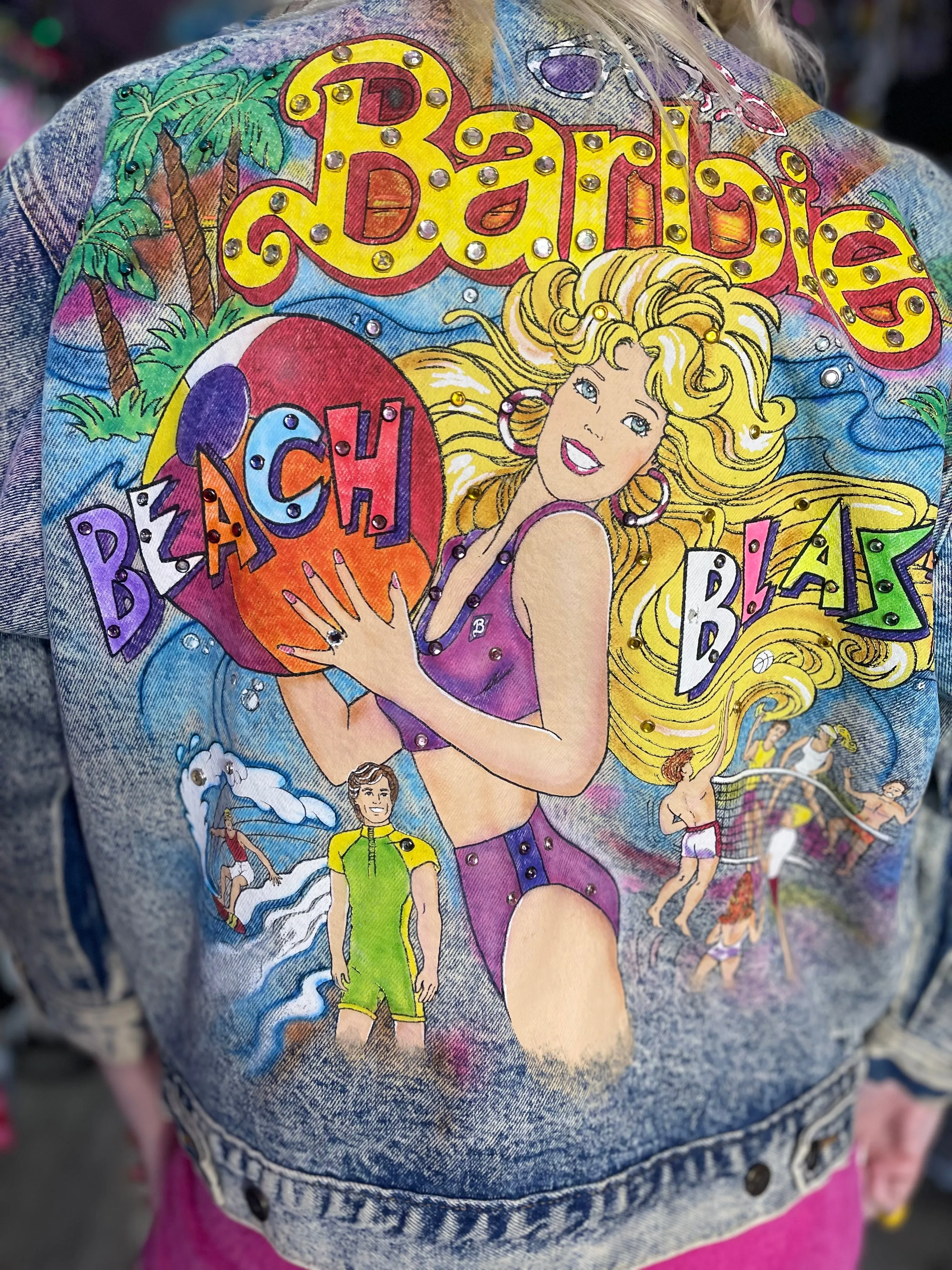 Vintage 1987 Hand Painted and Bedazzled Barbie Beach Blast Jean Jacket