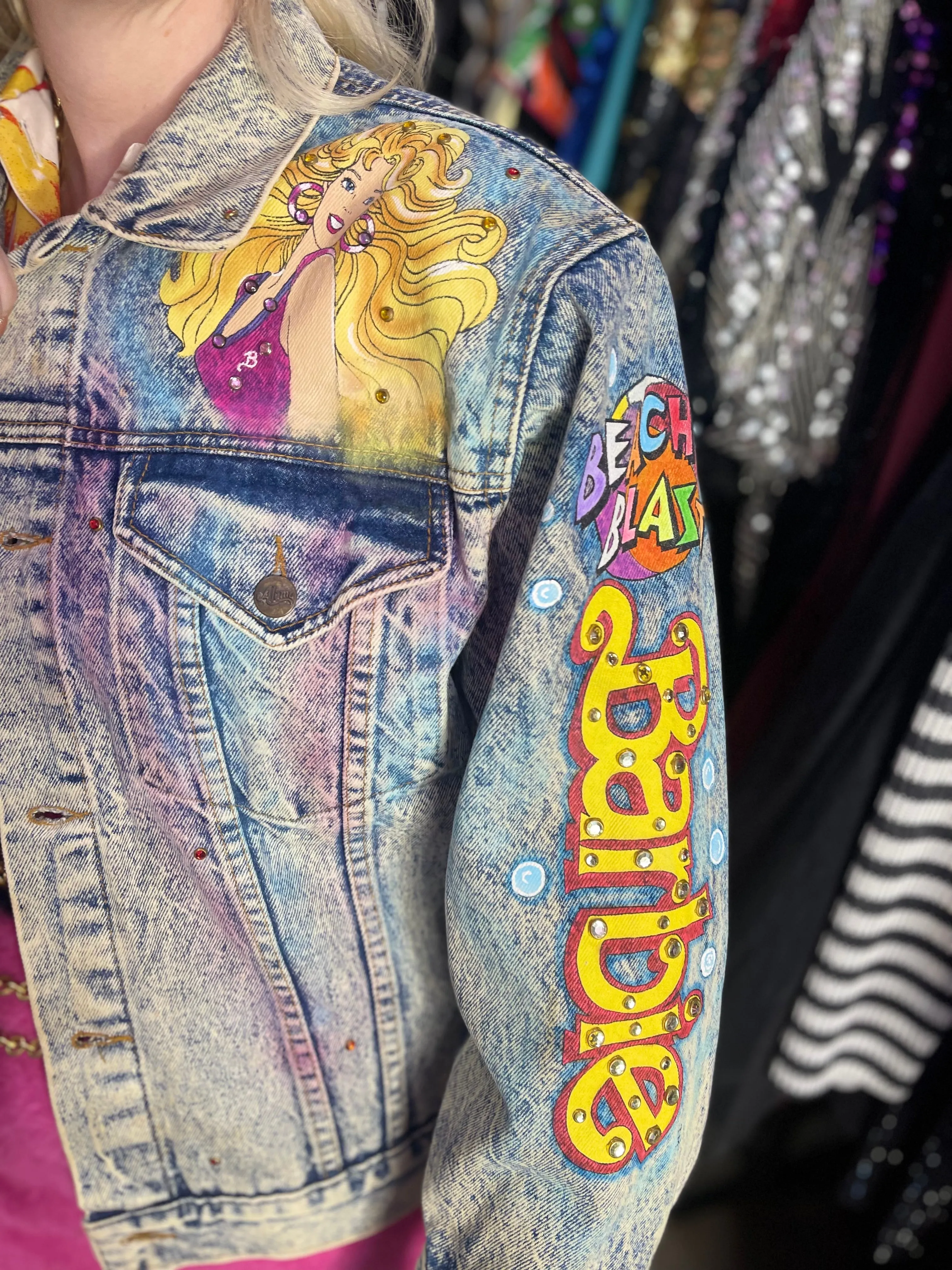 Vintage 1987 Hand Painted and Bedazzled Barbie Beach Blast Jean Jacket