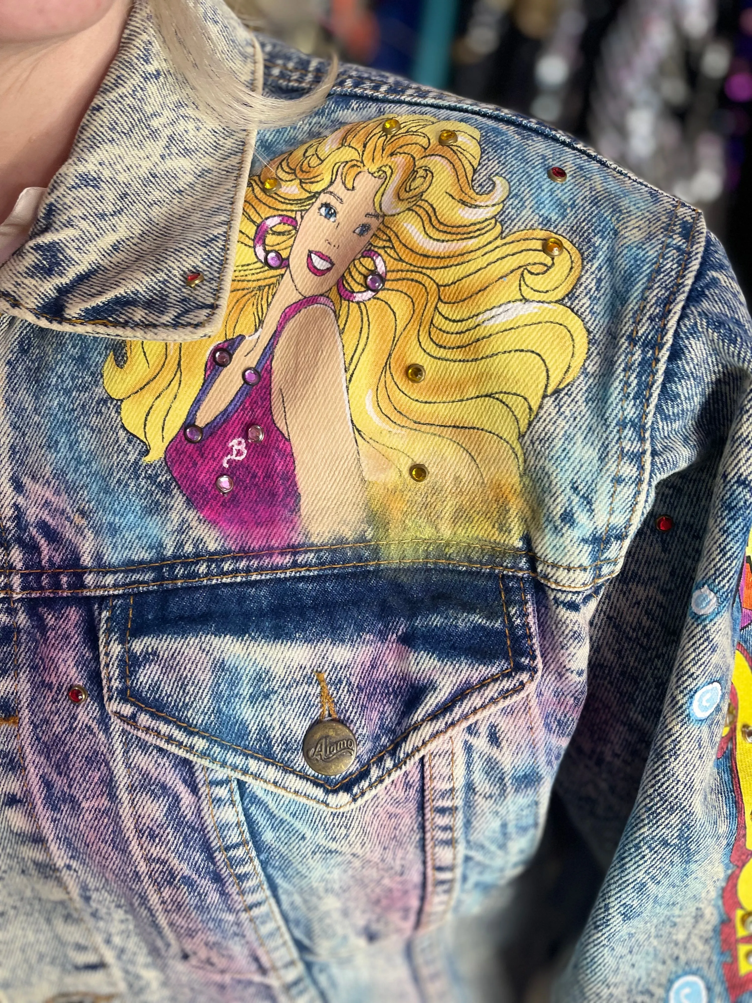 Vintage 1987 Hand Painted and Bedazzled Barbie Beach Blast Jean Jacket