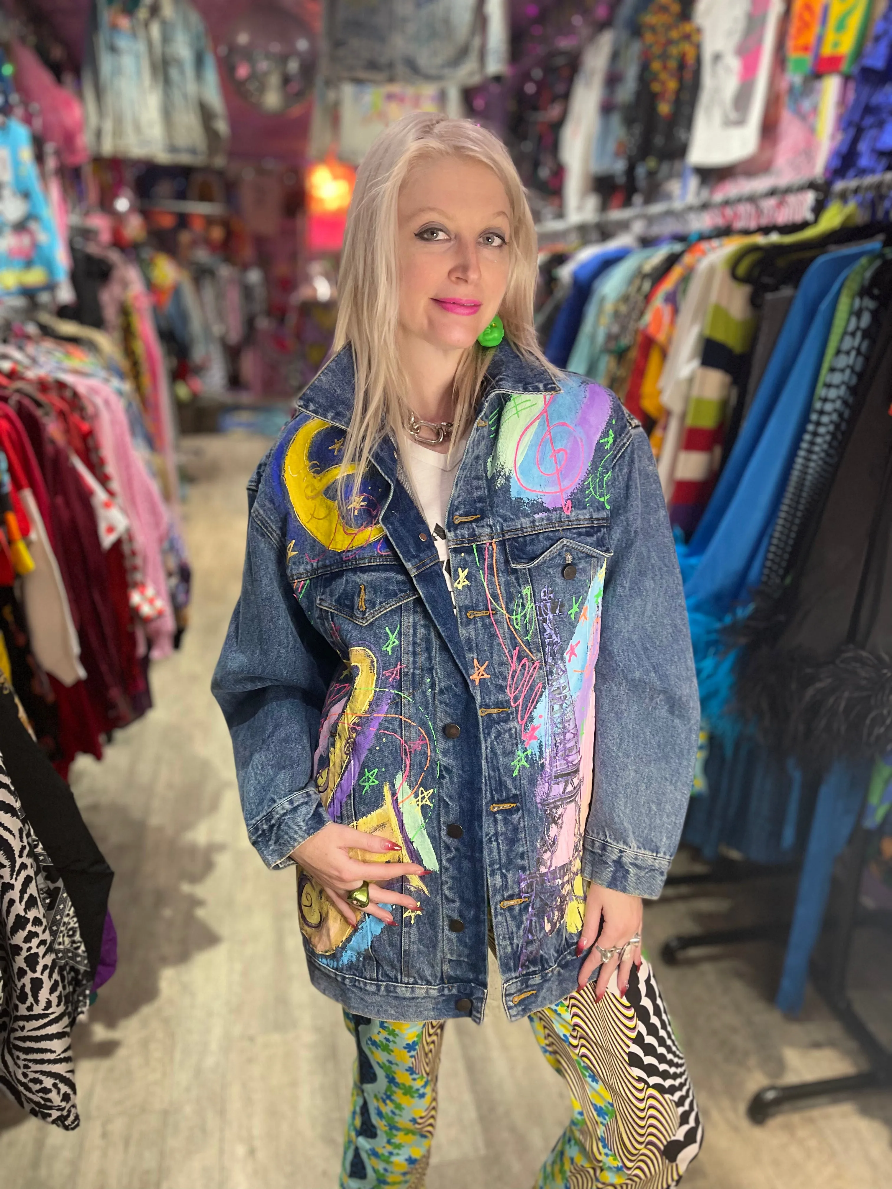 Vintage 90s Paris Cafe Themed Jean Jacket