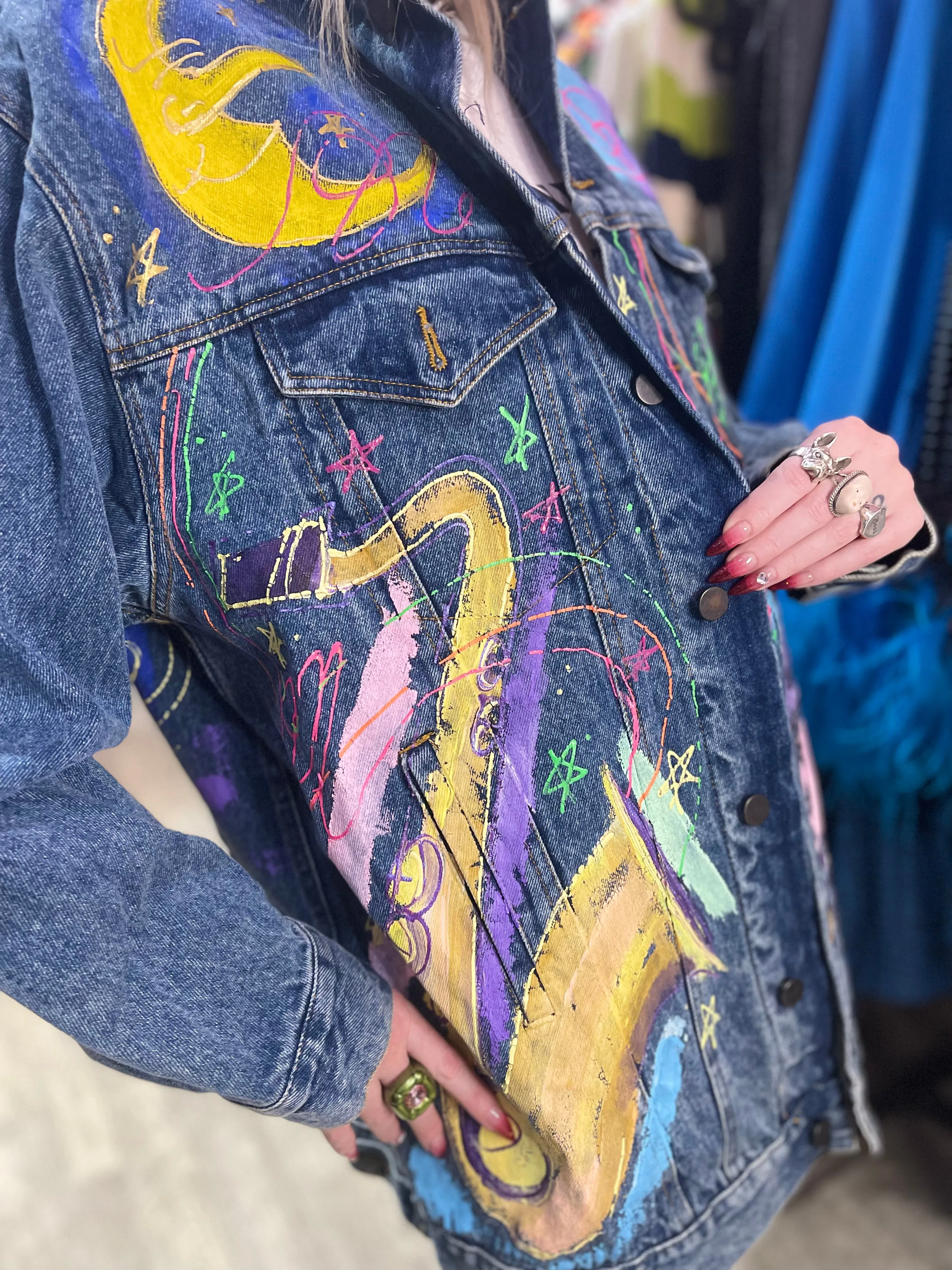 Vintage 90s Paris Cafe Themed Jean Jacket