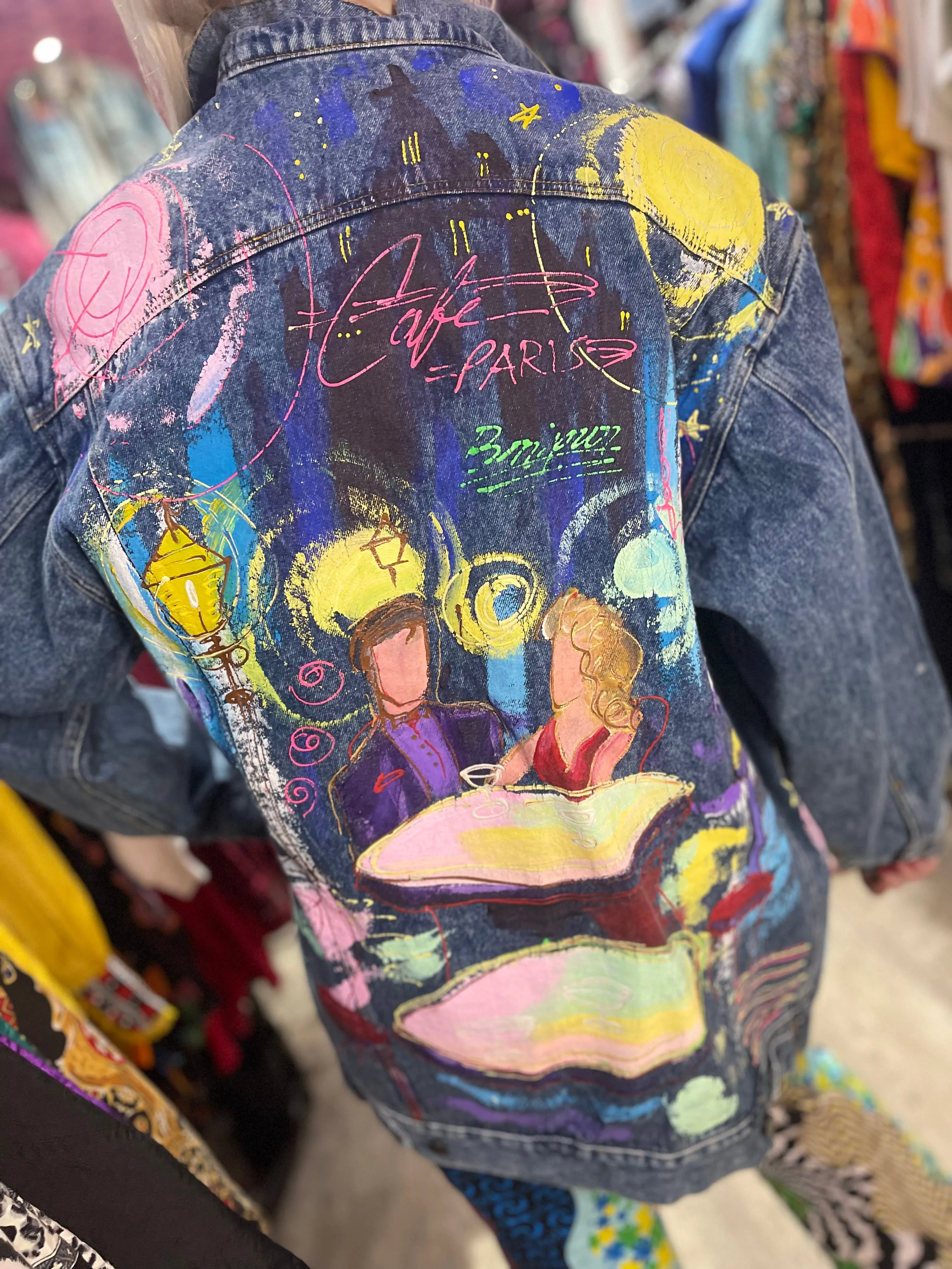 Vintage 90s Paris Cafe Themed Jean Jacket