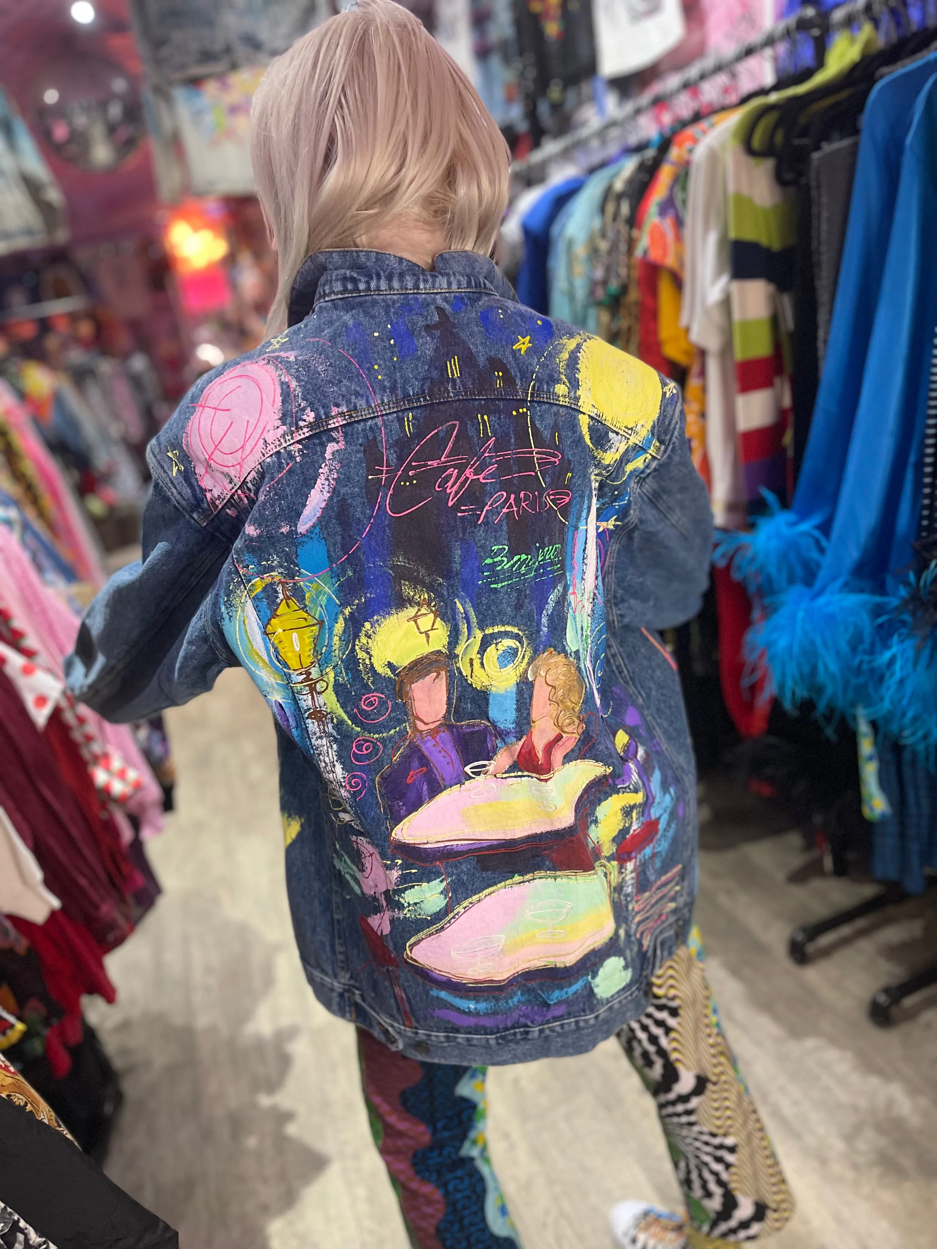 Vintage 90s Paris Cafe Themed Jean Jacket