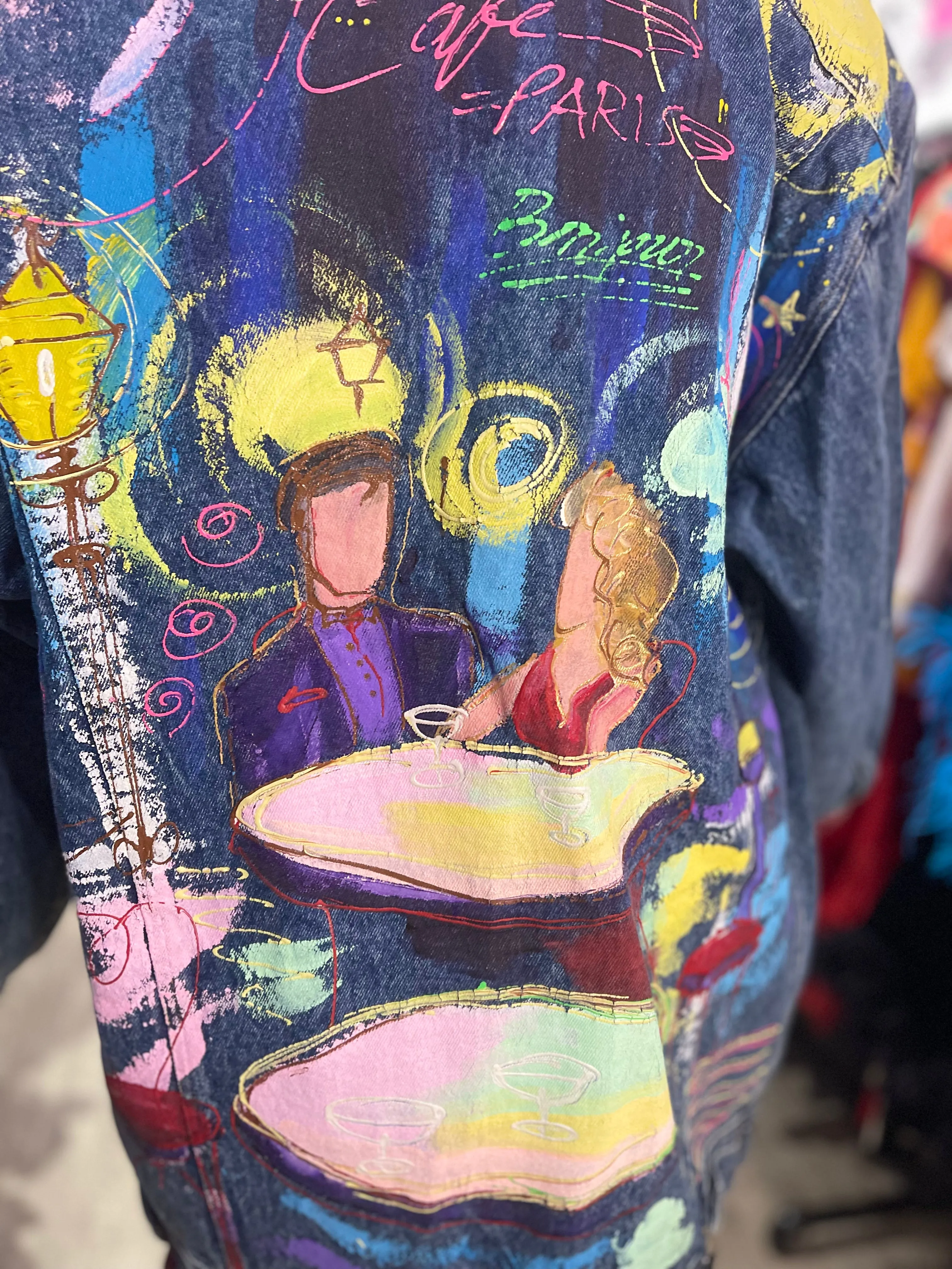 Vintage 90s Paris Cafe Themed Jean Jacket