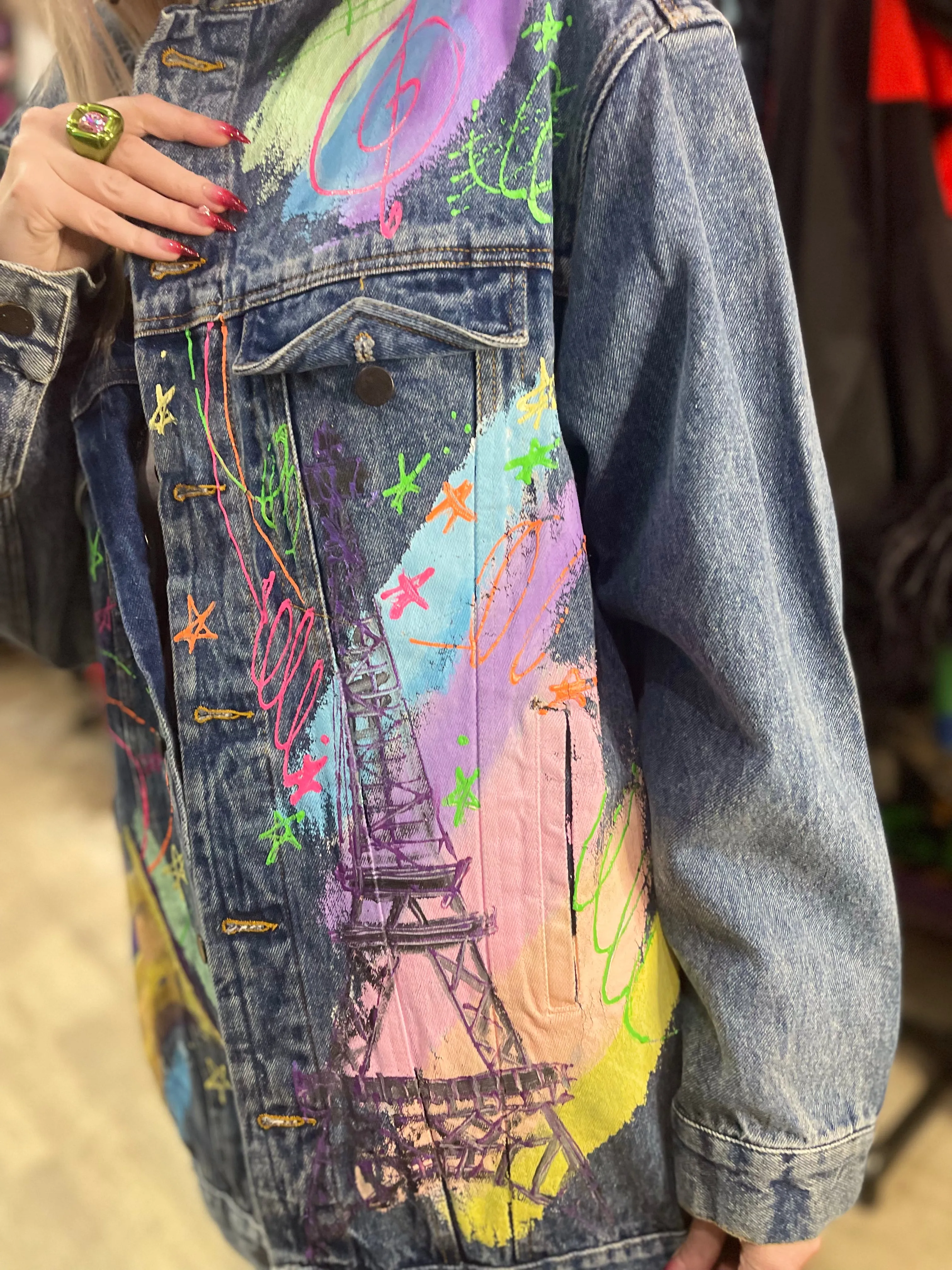 Vintage 90s Paris Cafe Themed Jean Jacket