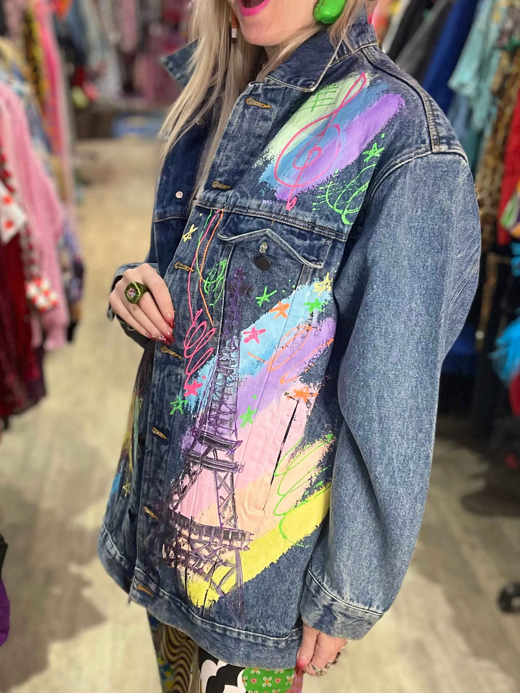 Vintage 90s Paris Cafe Themed Jean Jacket