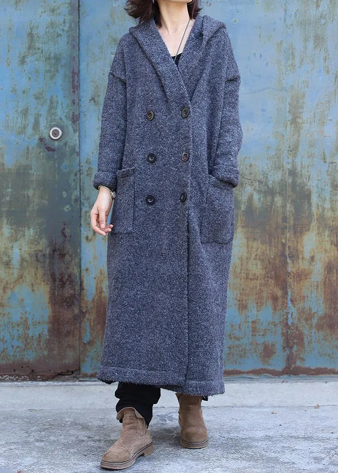 vintage dark gray woolen outwear trendy plus size double breastmaxi coat hooded woolen outwear