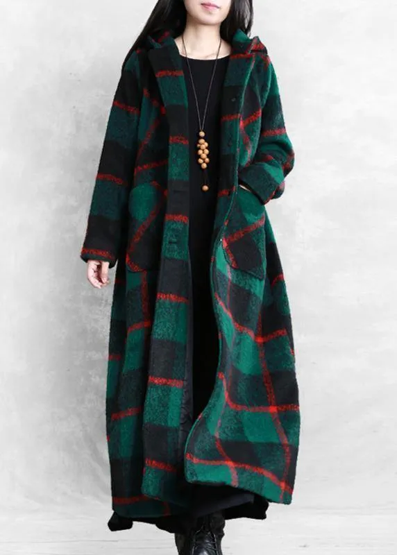 vintage green plaid Woolen Coat Women plus size Winter coat women coats Notched Button