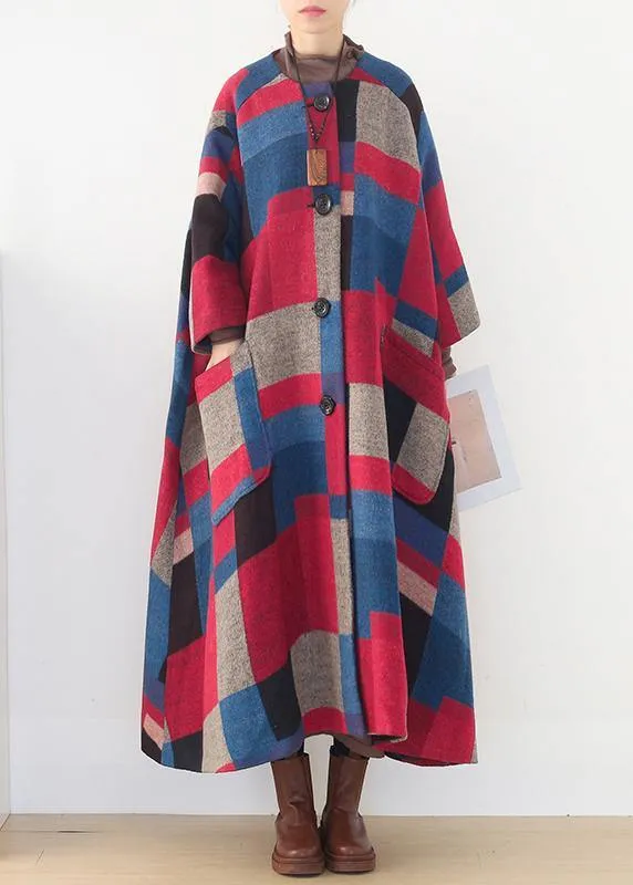 vintage red plaid Woolen Coats oversized o neck Extra large hem long winter coat  women coats