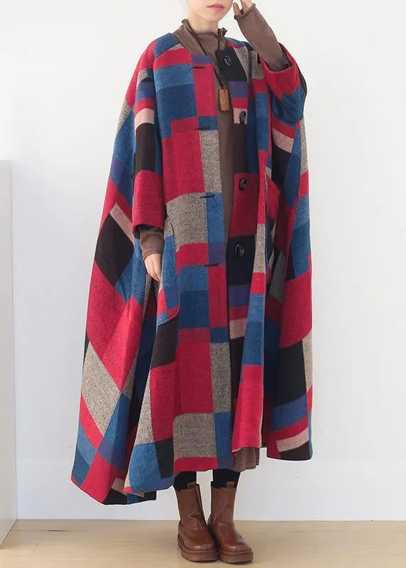 vintage red plaid Woolen Coats oversized o neck Extra large hem long winter coat  women coats