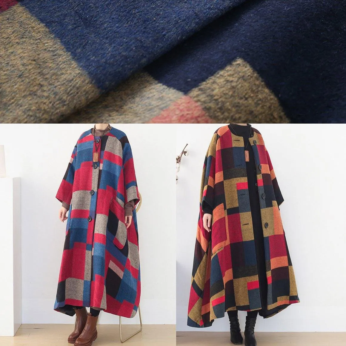 vintage red plaid Woolen Coats oversized o neck Extra large hem long winter coat  women coats