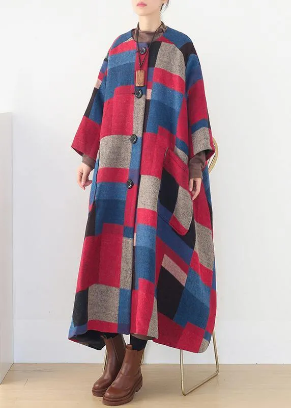 vintage red plaid Woolen Coats oversized o neck Extra large hem long winter coat  women coats