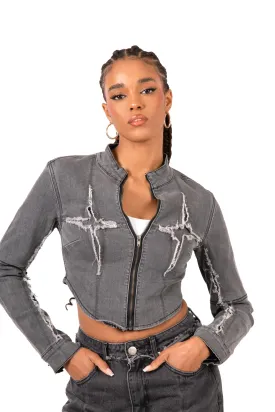 Washed Grey Rip & Repair Rapture Stitch Cropped Jacket