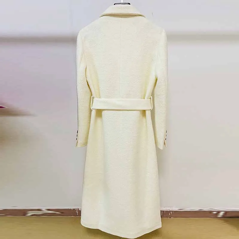 Women Long White Woolen Coat with A Belt and A Button Outwear