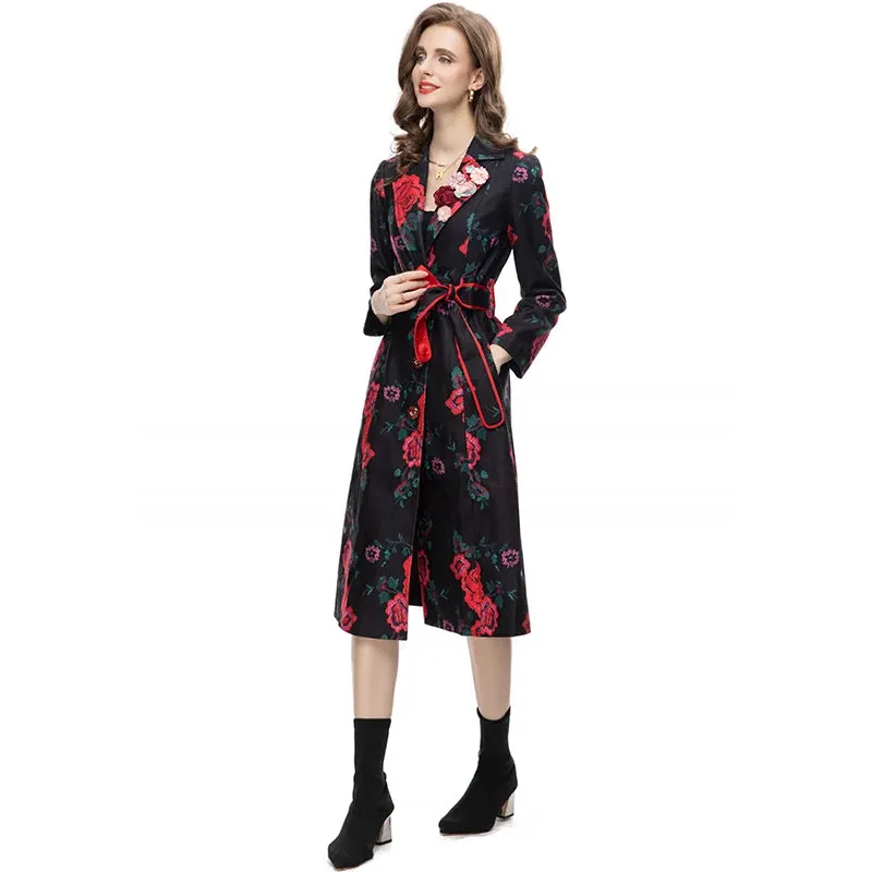 Women's Elegant Black Floral Long Trench Coat