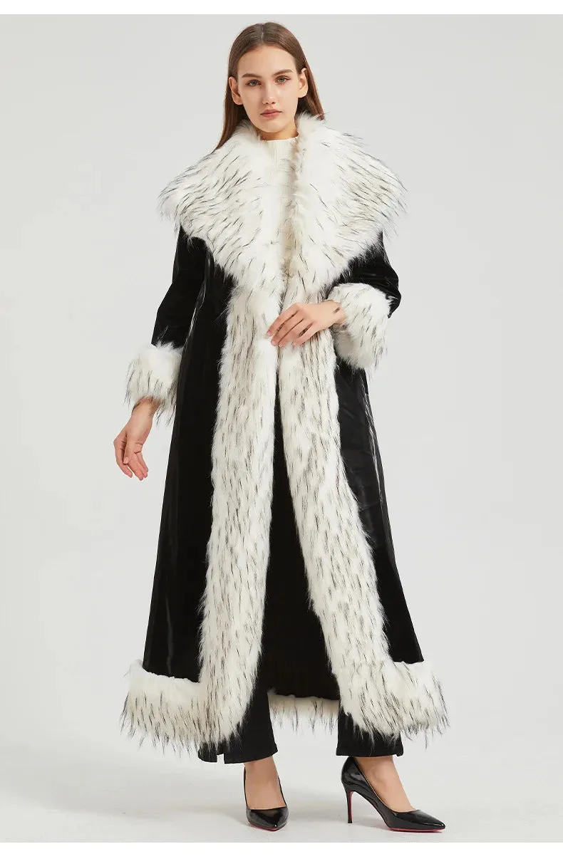 Women's Faux Fur Trim Patent Leather Trench Coat