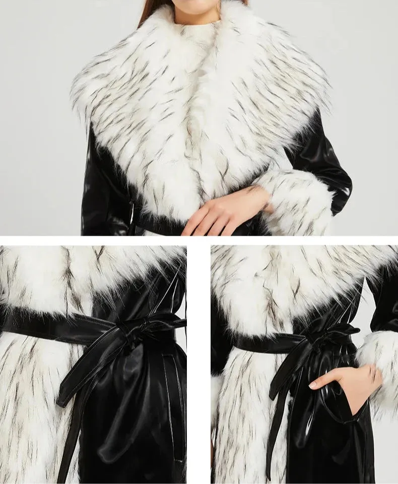 Women's Faux Fur Trim Patent Leather Trench Coat