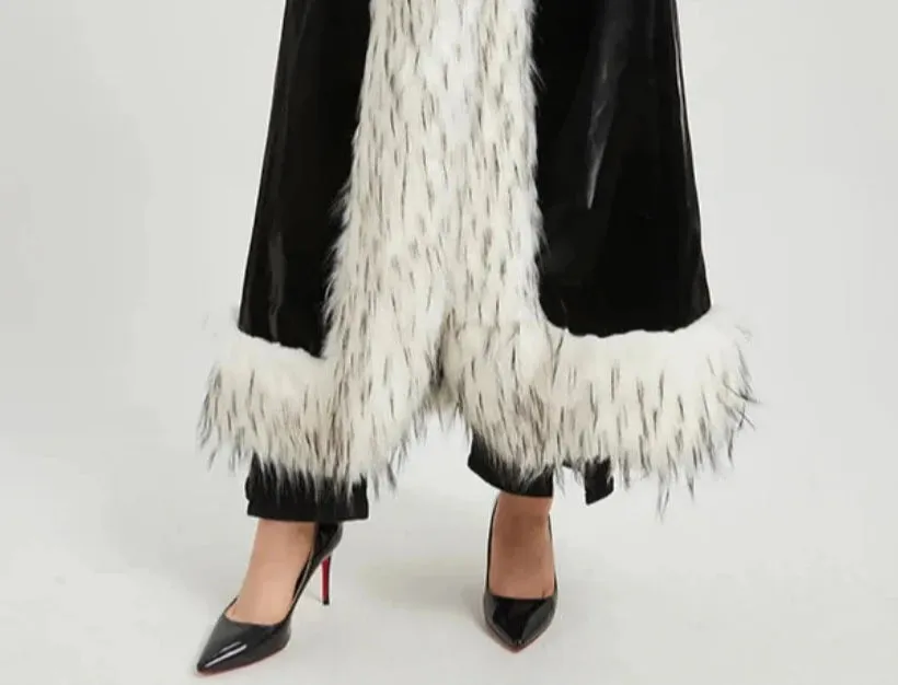 Women's Faux Fur Trim Patent Leather Trench Coat