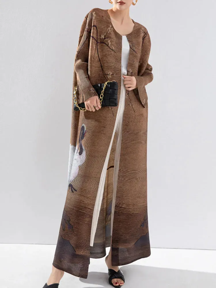 Women's Good Luck Cranes Brown Pleated Long Coat