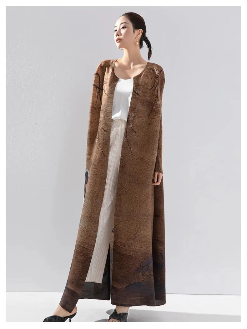 Women's Good Luck Cranes Brown Pleated Long Coat