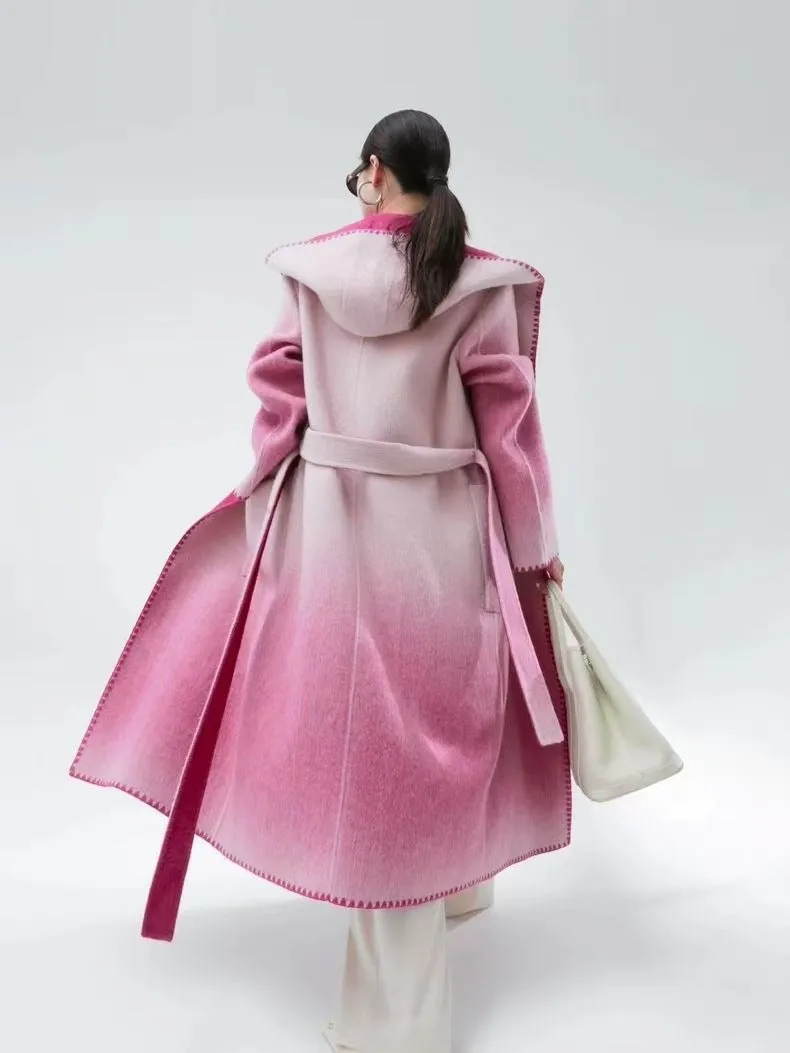 Women's Gradient Woolen Coat with Hood