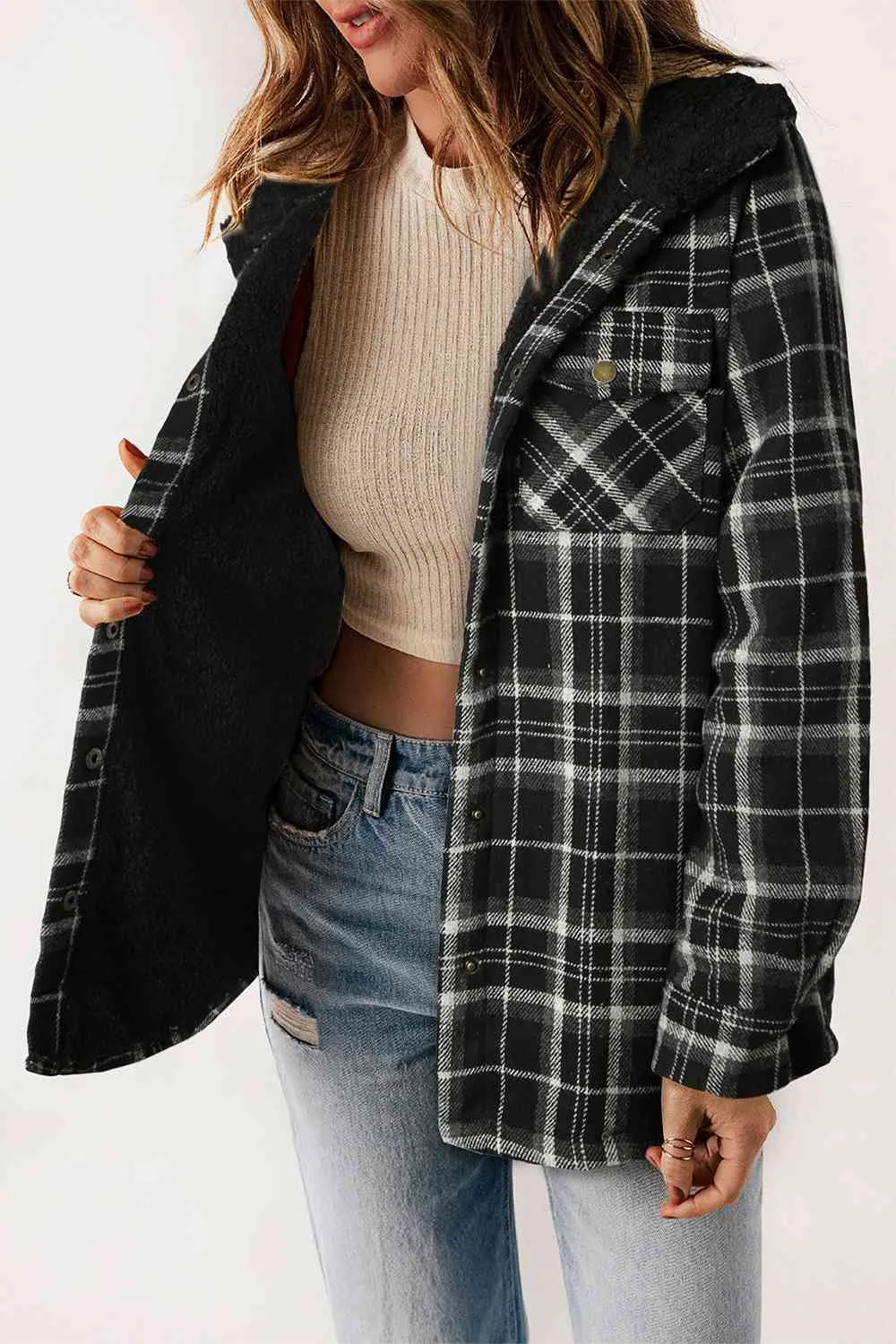 Women’s Plaid Snap Jacket Fall and Winter Fashion - Checkered Shirt Jacket