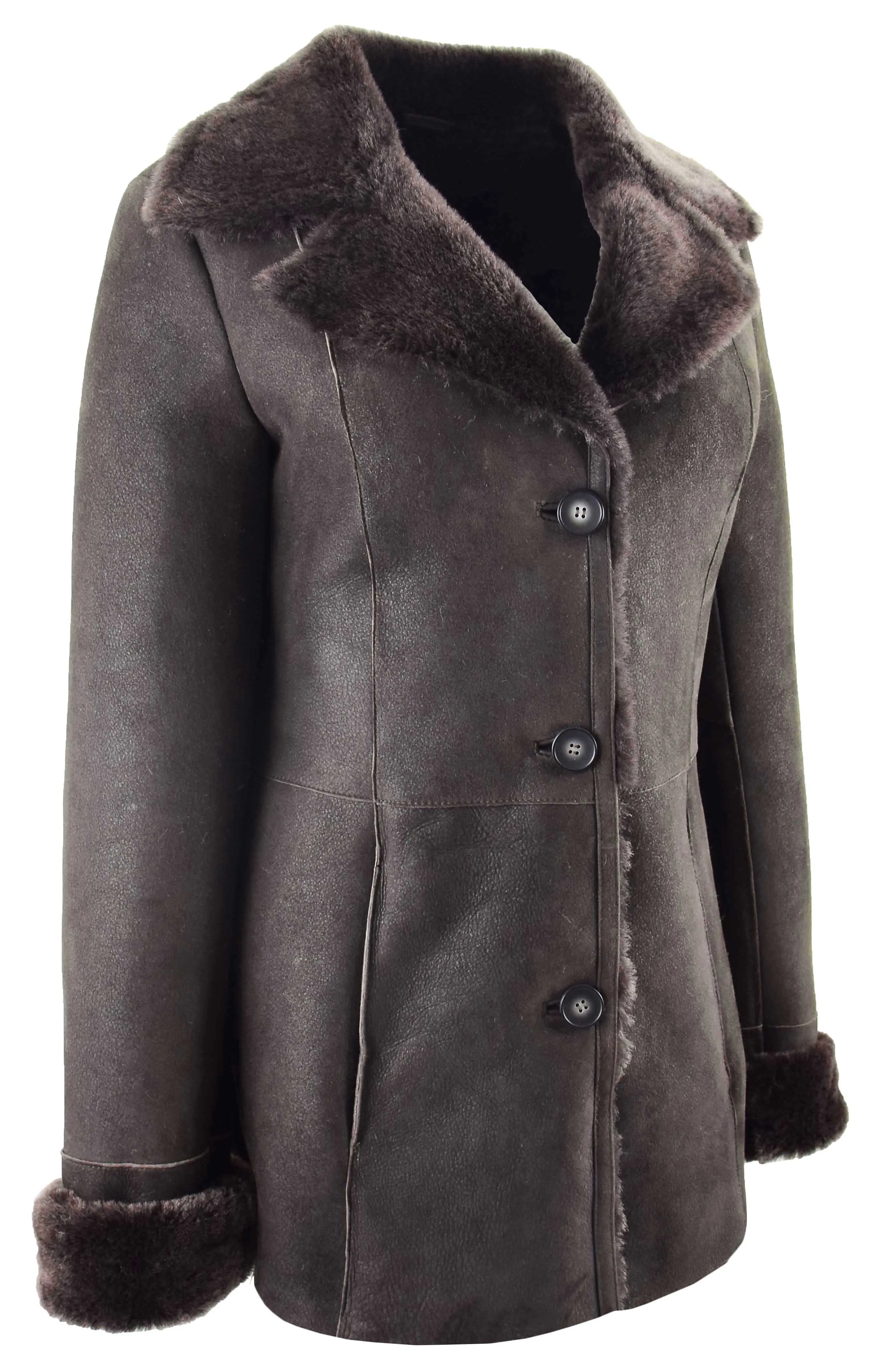 Womens Real Sheepskin Brown Brisa Jacket Classic 3/4 Mac Merino Shearling Trench Zona