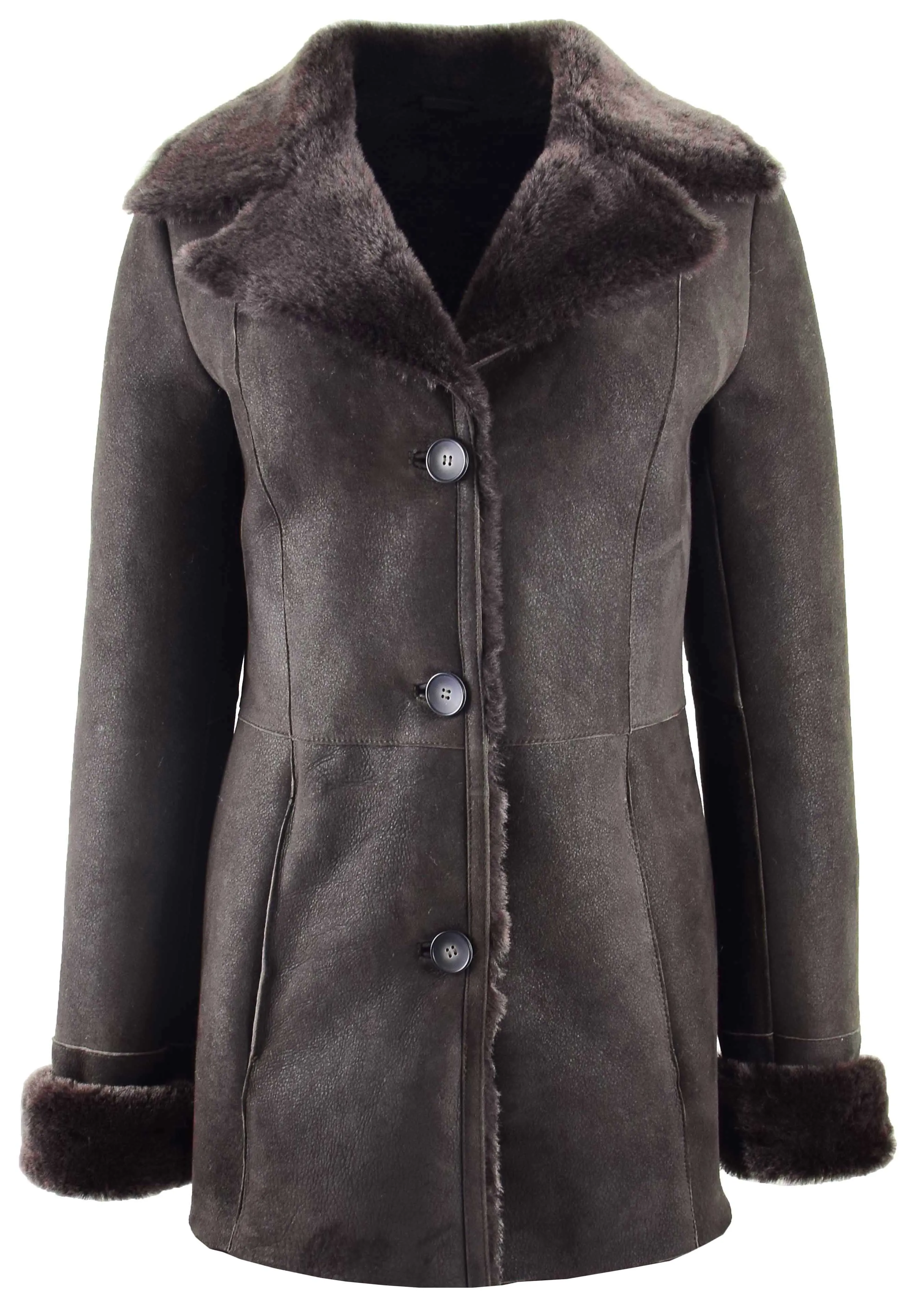 Womens Real Sheepskin Brown Brisa Jacket Classic 3/4 Mac Merino Shearling Trench Zona