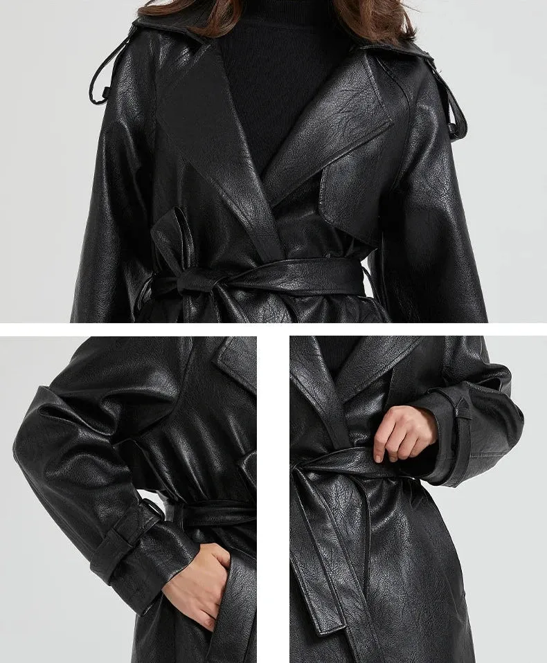 Women's Ultra Long Faux Leather Trench Coat