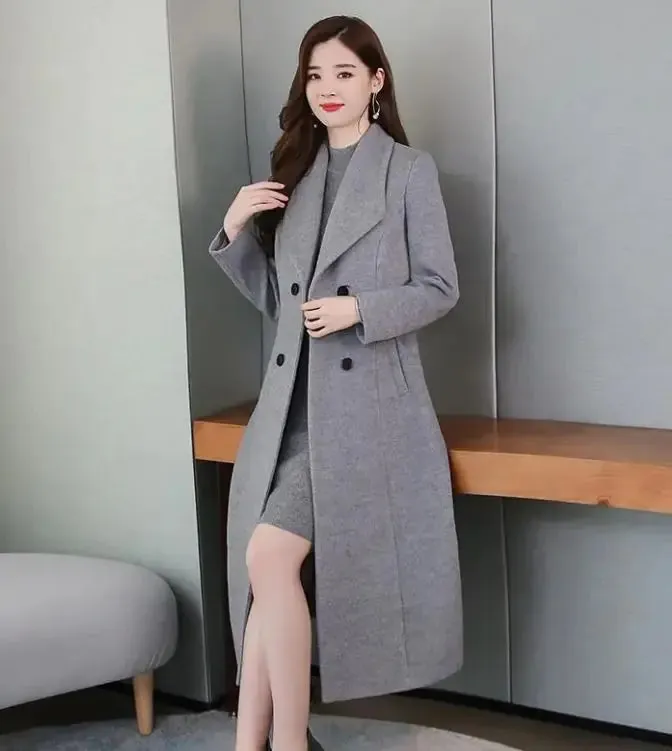 Women's Woolen Coat Over-the-knee Thickening Large Size Lapel