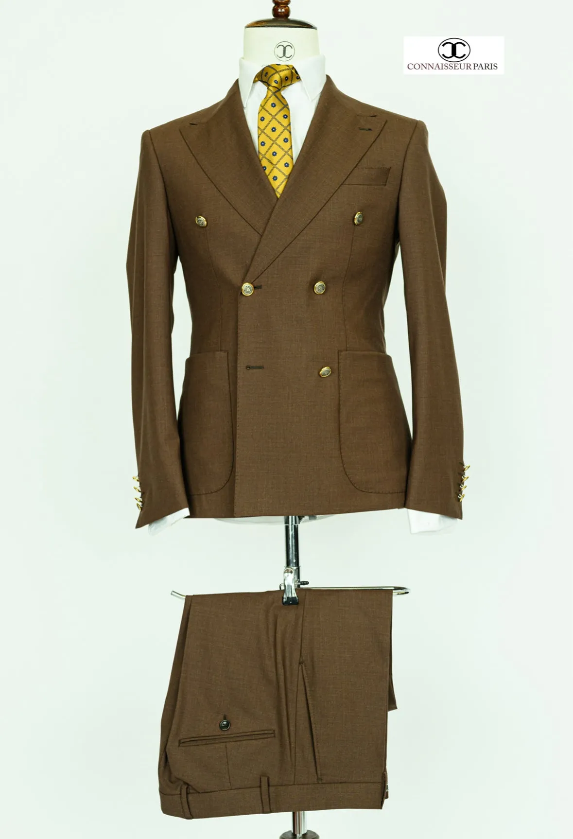 Zignone - Coffee Brown double breasted slim fit suit with metal buttons patch pockets and wide lapel