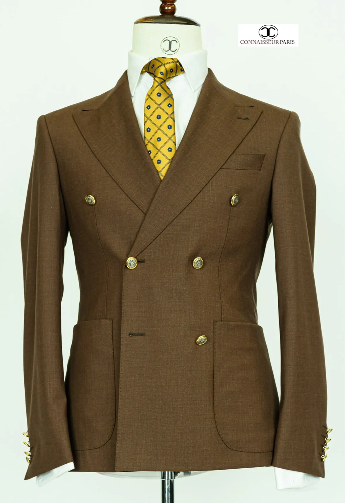 Zignone - Coffee Brown double breasted slim fit suit with metal buttons patch pockets and wide lapel